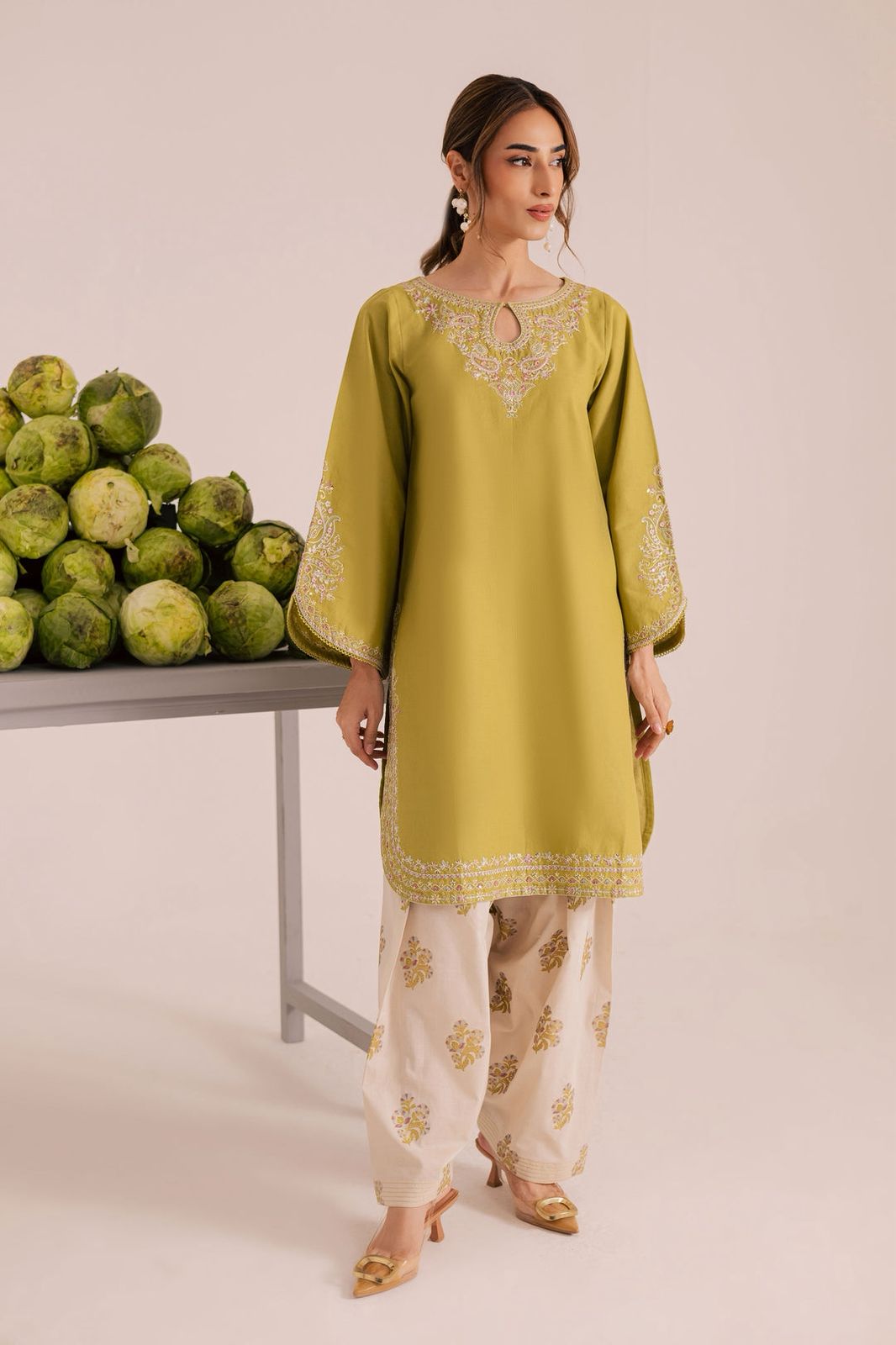 Style-BU 1206 Lime Green Embroidered 2 pc Unstitched Lawn Dress