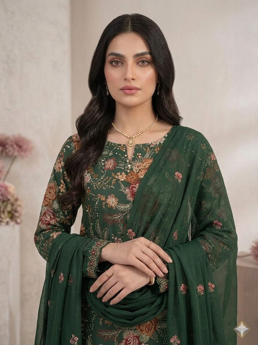 Style-FF 1122 Forest Green Embroidered 3 pc Unstitched Lawn Dress
