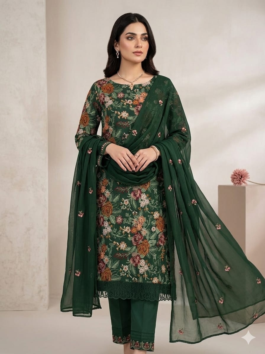 Style-FF 1122 Forest Green Embroidered 3 pc Unstitched Lawn Dress