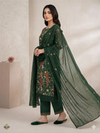 Style-FF 1122 Forest Green Embroidered 3 pc Unstitched Lawn Dress