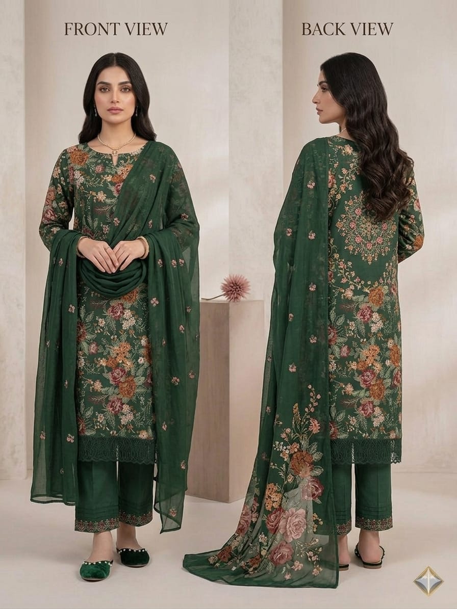 Style-FF 1122 Forest Green Embroidered 3 pc Unstitched Lawn Dress