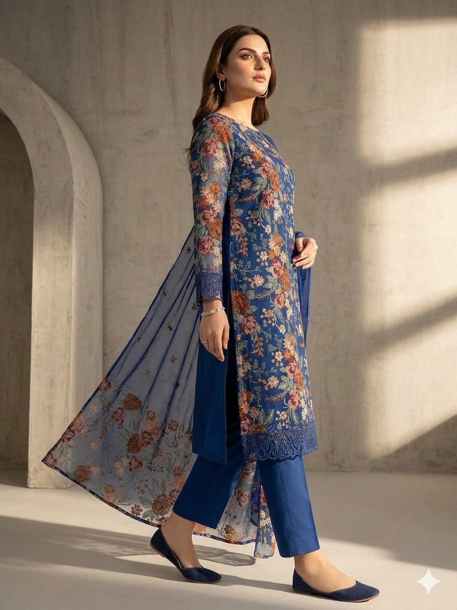 Style-FF 1123 Royal Blue Embroidered 3 pc Unstitched Lawn Dress