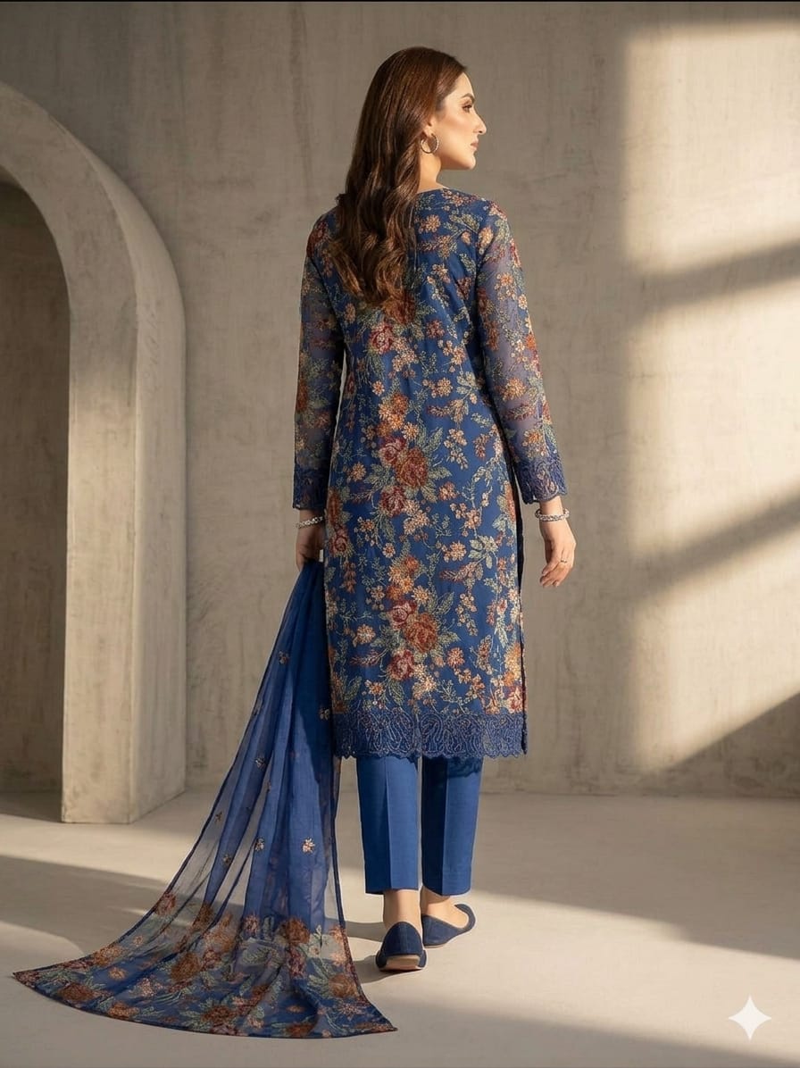 Style-FF 1123 Royal Blue Embroidered 3 pc Unstitched Lawn Dress