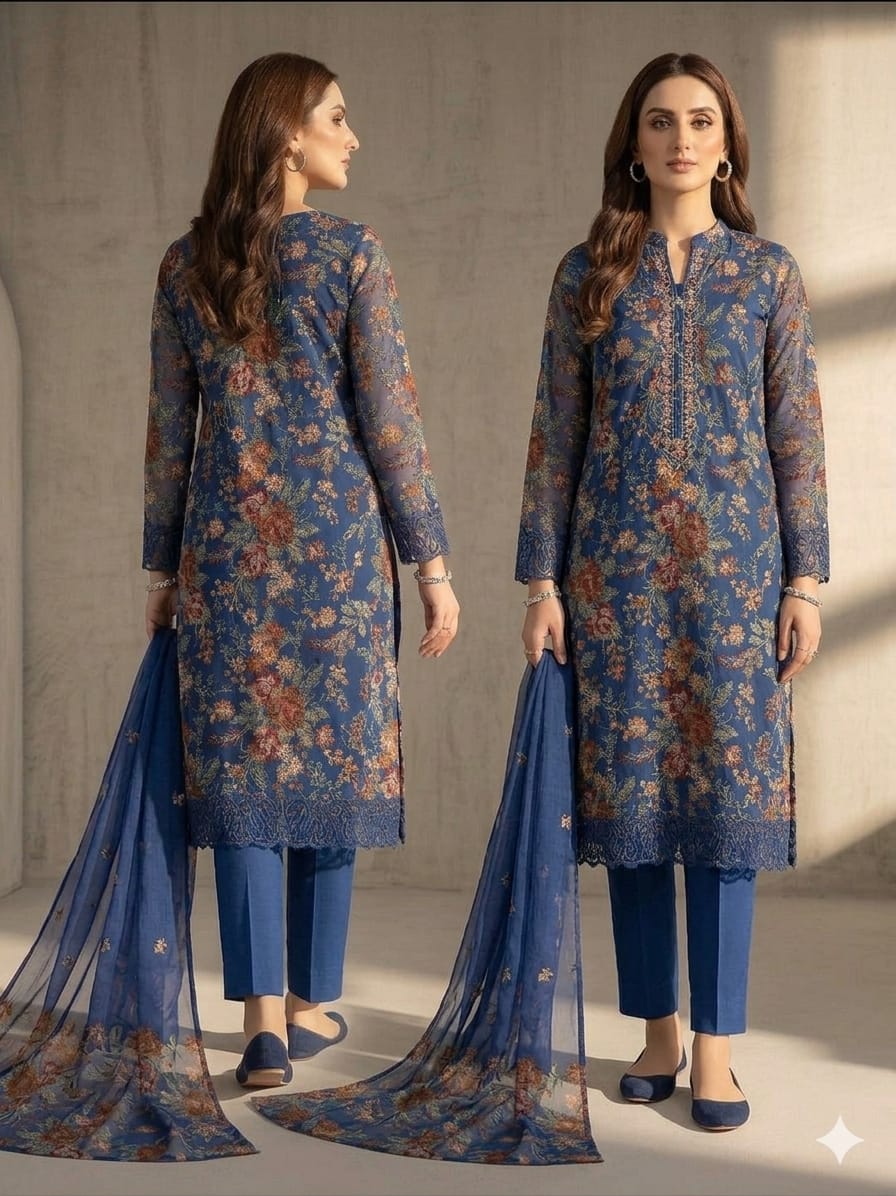Style-FF 1123 Royal Blue Embroidered 3 pc Unstitched Lawn Dress