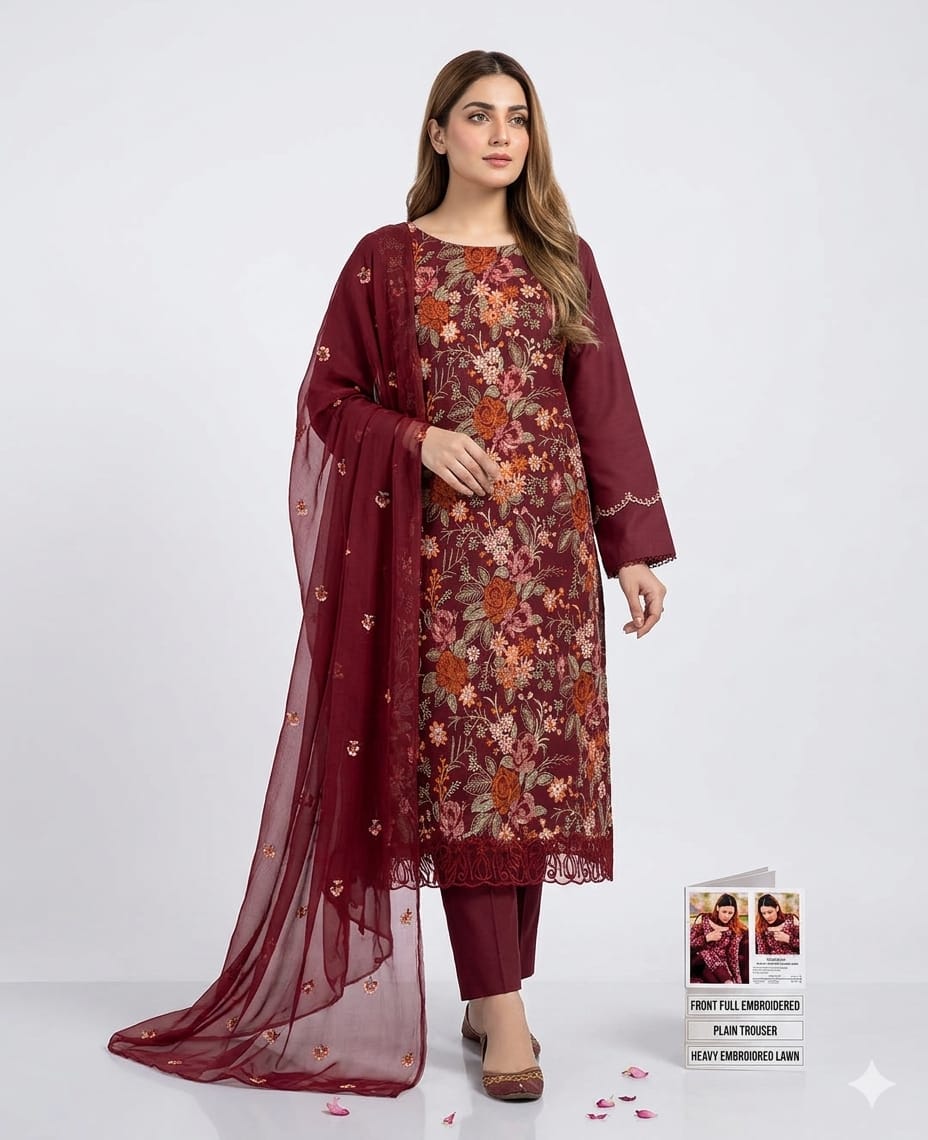 Style-FF 1124 Maroon Embroidered 3 pc Unstitched Lawn Dress