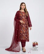 Style-FF 1124 Maroon Embroidered 3 pc Unstitched Lawn Dress