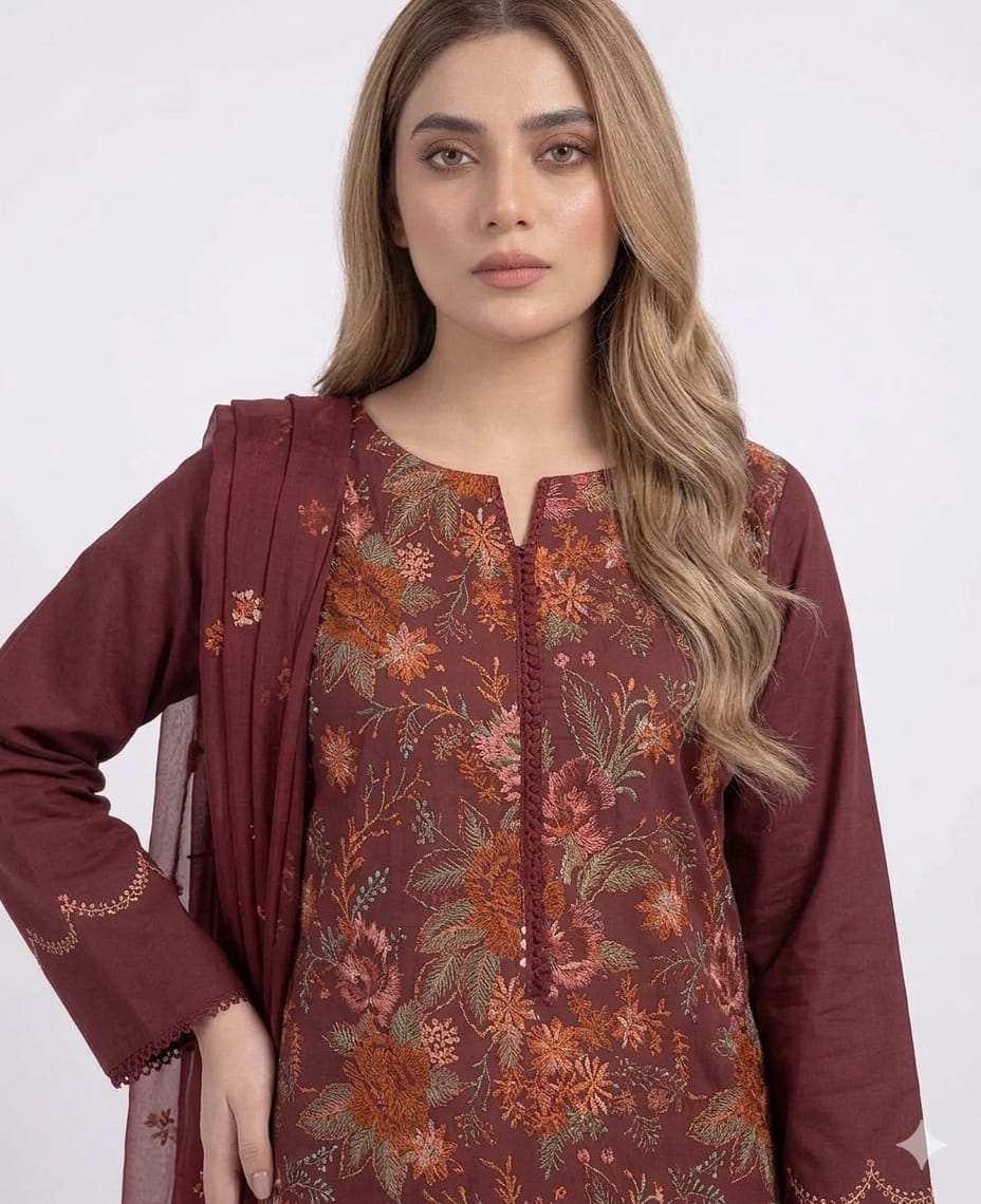 Style-FF 1124 Maroon Embroidered 3 pc Unstitched Lawn Dress