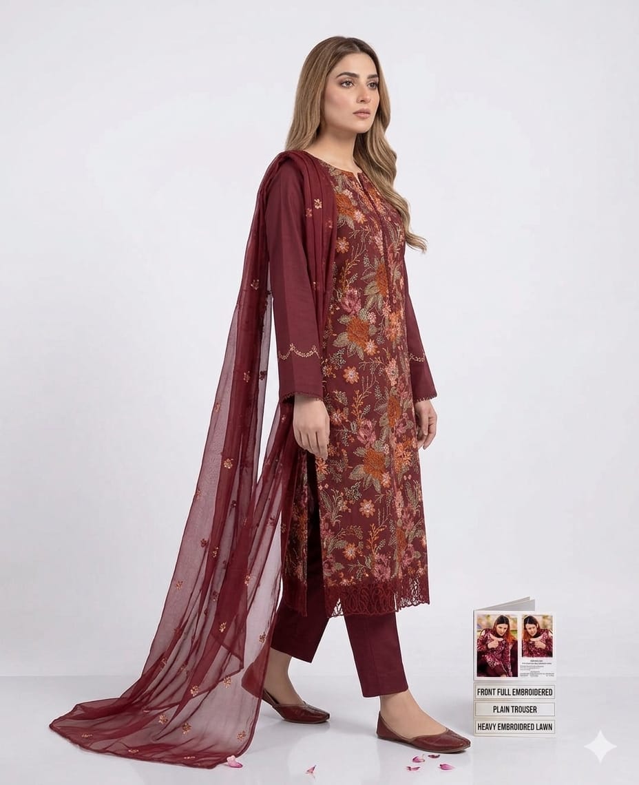 Style-FF 1124 Maroon Embroidered 3 pc Unstitched Lawn Dress