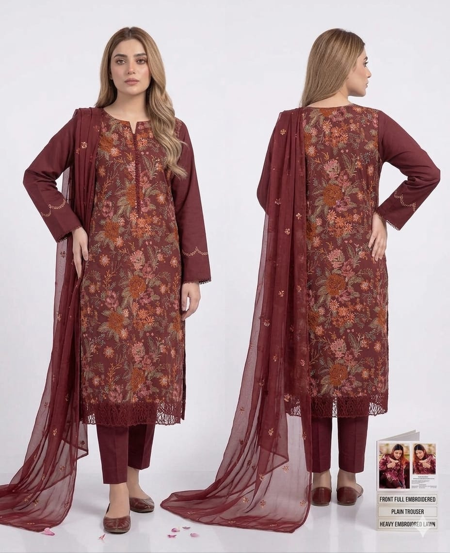 Style-FF 1124 Maroon Embroidered 3 pc Unstitched Lawn Dress